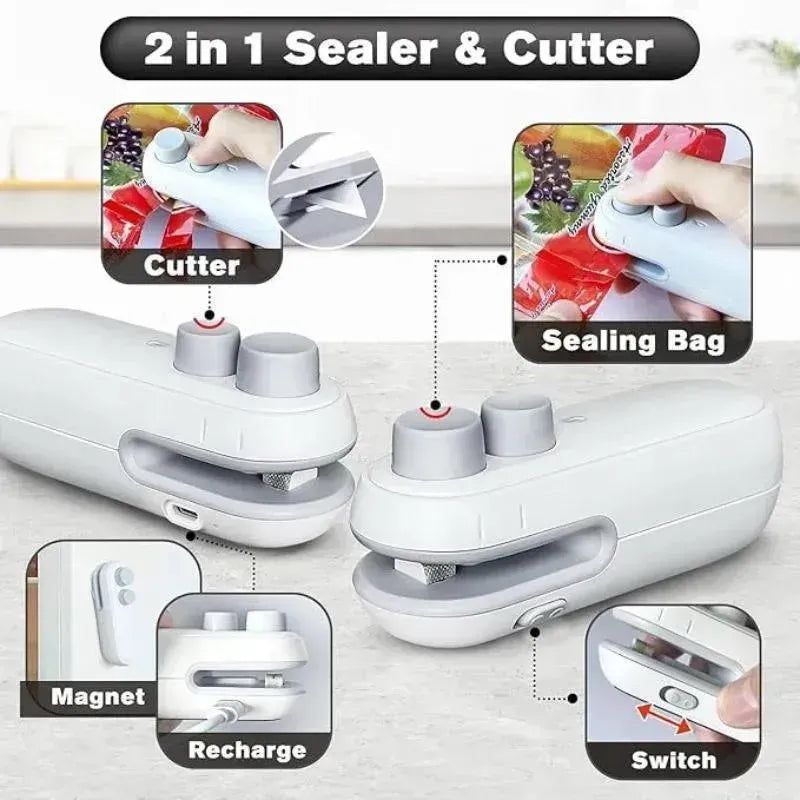 Rechargeable 2-in-1 Mini Bag Sealer & Cutter – Portable Food Sealing Machine
